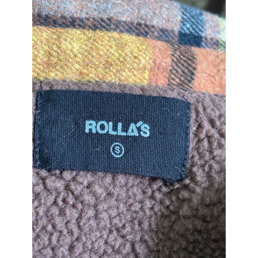 Rollas Mens Sherpa Lined Plaid Flannel‎ Shirt Jacket Orange Yellow Brown Small